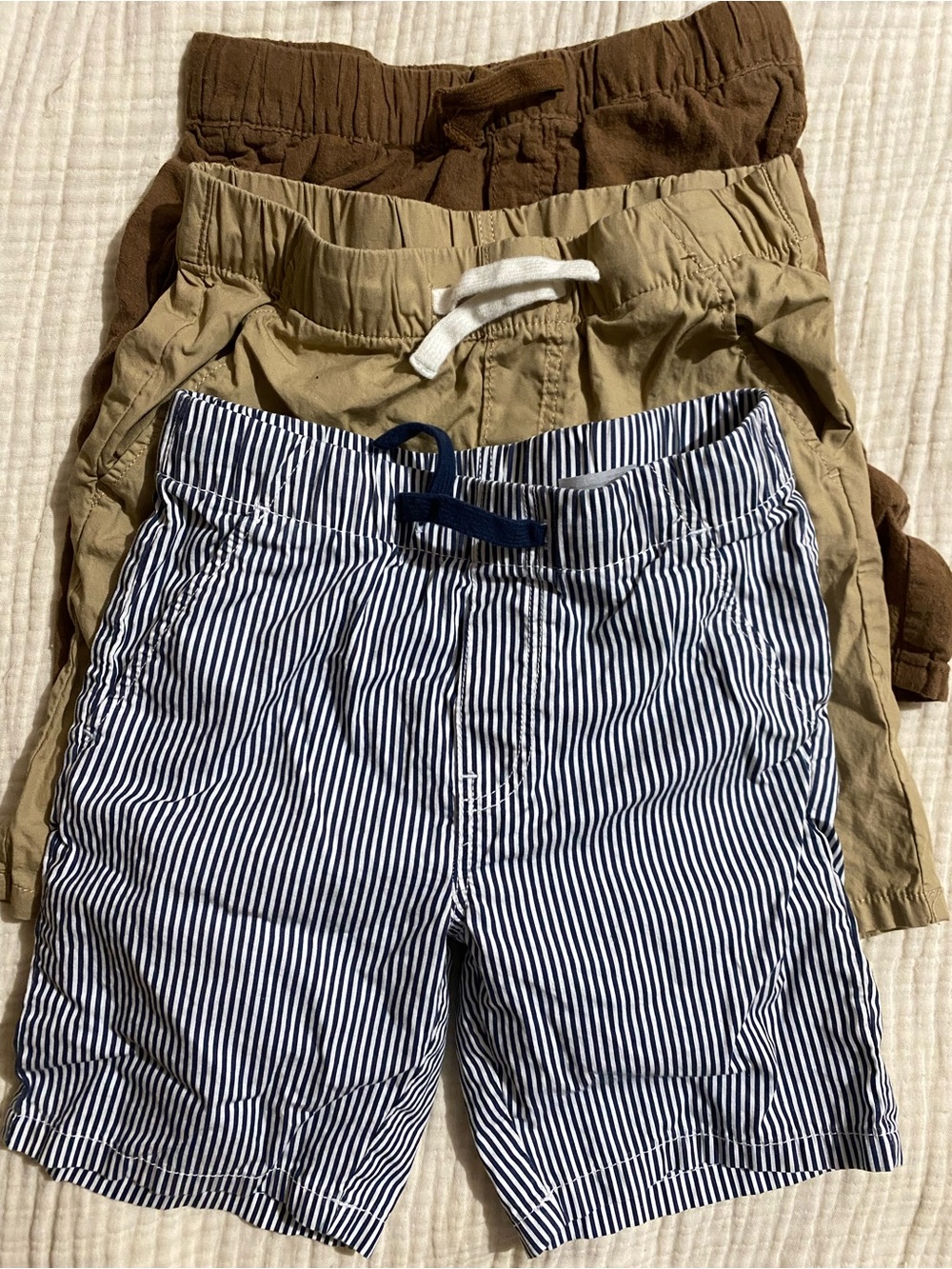 H&M Kids Drawstring Shorts Trio - Navy Stripe, Khaki, Brown